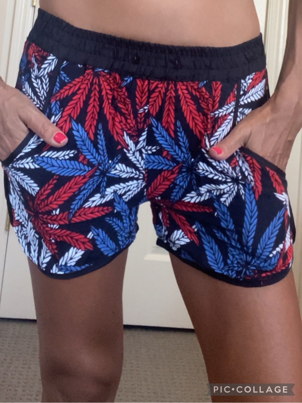 Women’s Printed Casual Shorts - with Red, white & Blue Leaf Print